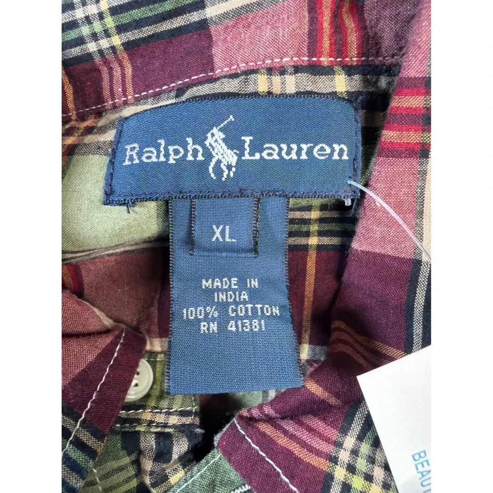 Ralph Lauren Boys XL Short Sleeve Plaid‎ Button Down Shirt Burgundy Green Cotton